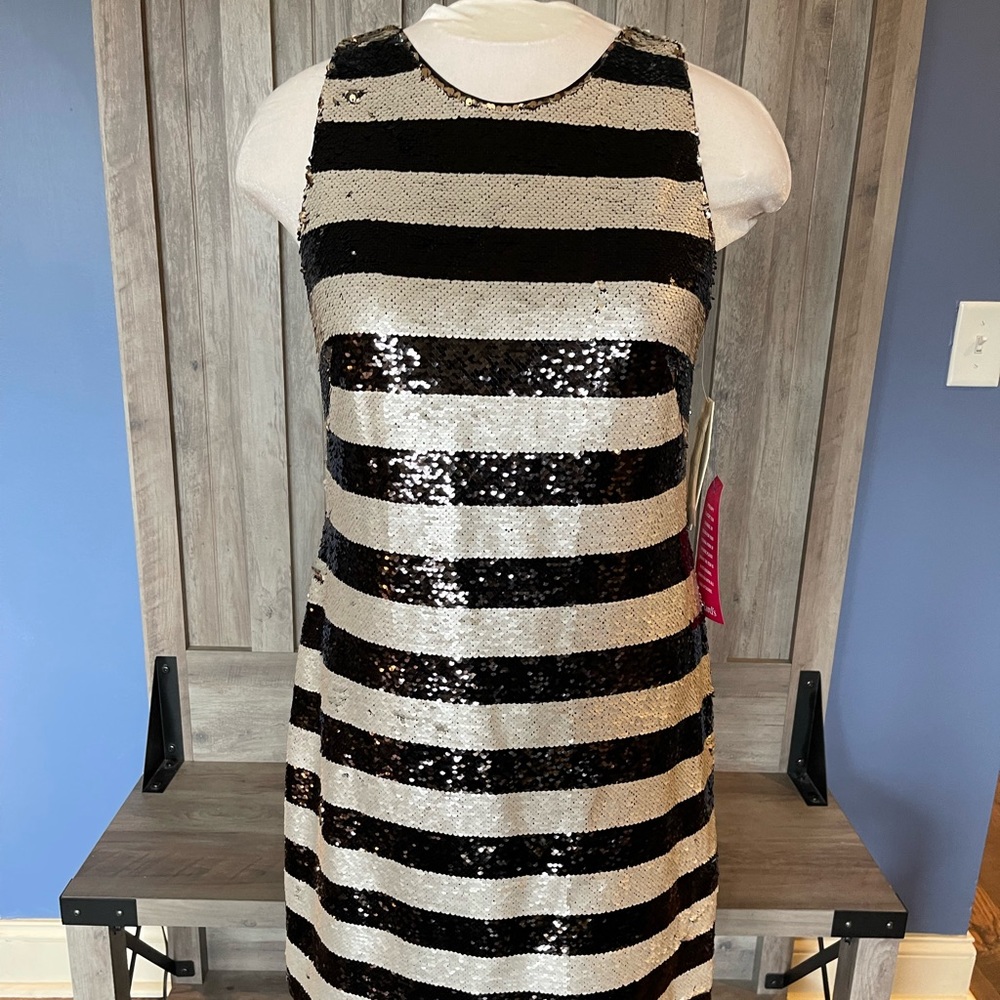 Eliza J black and white stripe sequin cocktail dress. NWT. Size 8.